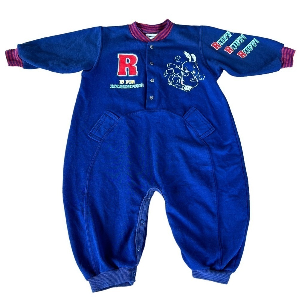 VTG Peanuts Snoopy Daisy Hill Puppies Romper Roughhouse Blue Red 18 Mo USA GUC